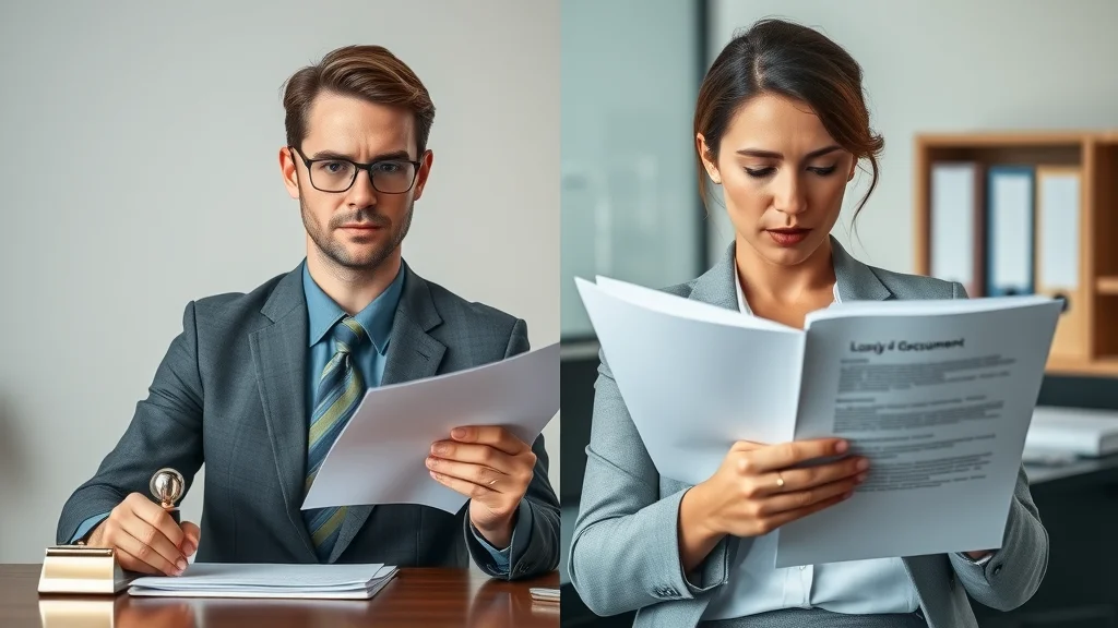 Contrasting notary roles: one with a simple ID and stamp, the other with a thick loan document packet, each focused on their materials
