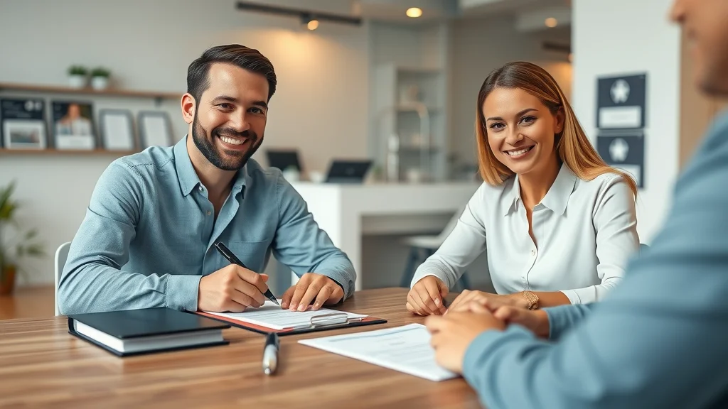 notary real estate closings - Two homebuyers and a notary smiling gently, seated at a closing table, signing real estate documents with visible IDs in a modern, well-lit office