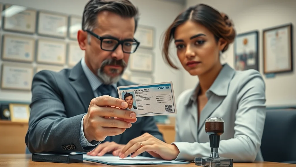 notary public verifying identity for estate transaction - Notary examining an ID and matching it to an individual in a bright administrative office with certificates