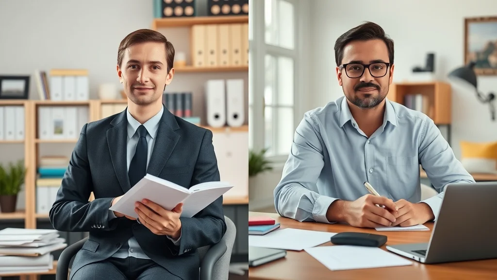 notary signing agent vs notary public for real estate closings - Two notaries side by side: one in business attire with a closing kit, the other casual at a standard desk, with visible document stacks and stamps