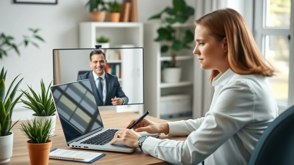 online notarization for real estate closings - Notary conducting a video conference closing on a laptop in a home office with digital documents visible on screen
