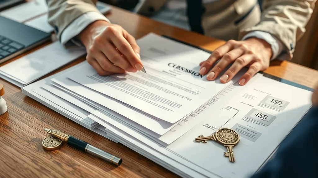 notary real estate closings - Stack of real estate closing documents and property deeds being sorted on a hardwood desk with a notary seal and real estate key prop