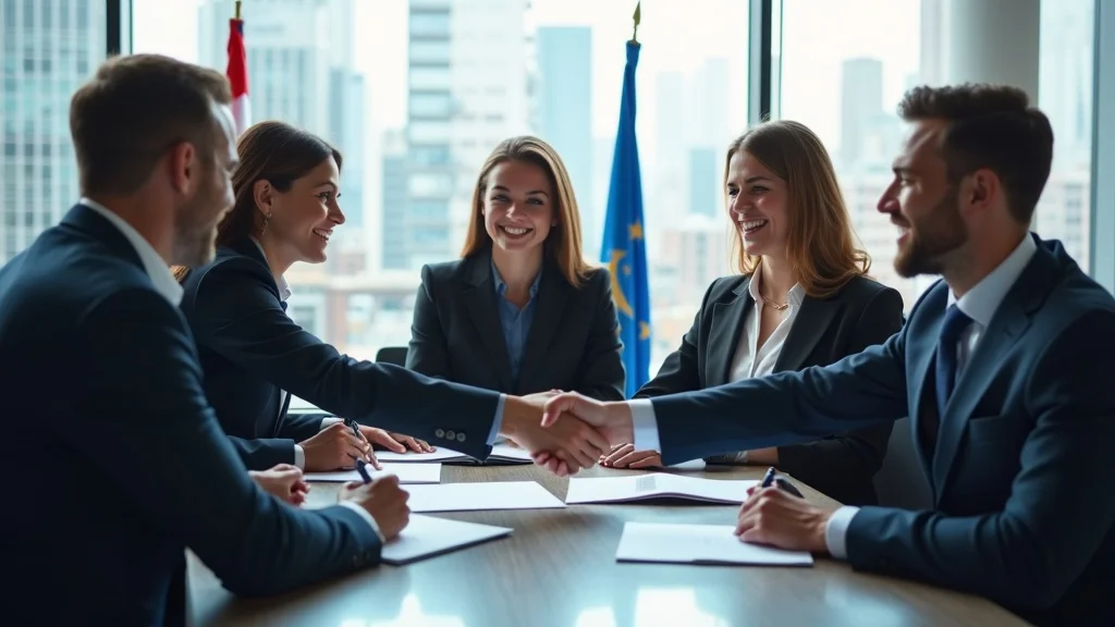 International business professionals exchanging notarized and apostilled documents for document authentication