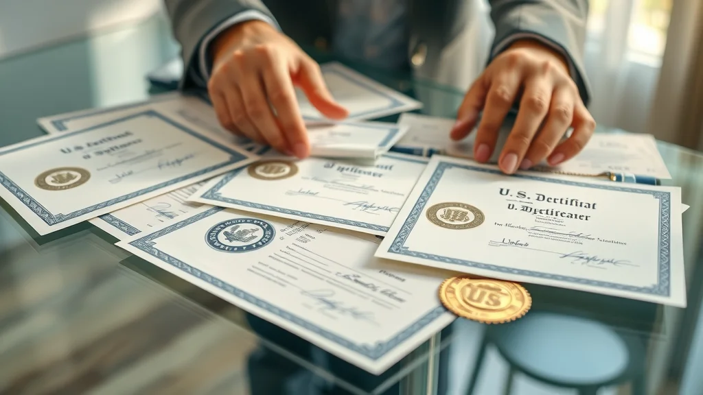 Close-up of official documents being sorted for apostille in the USA including certificates and diplomas with notary seals.