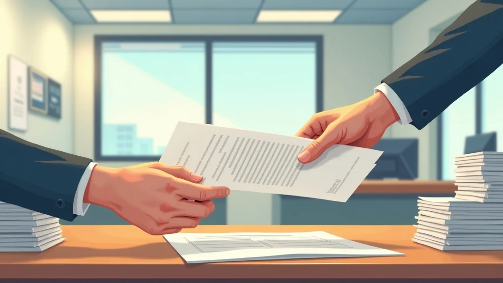 Confident hand passing notarized document to official counter for apostille services in a government office