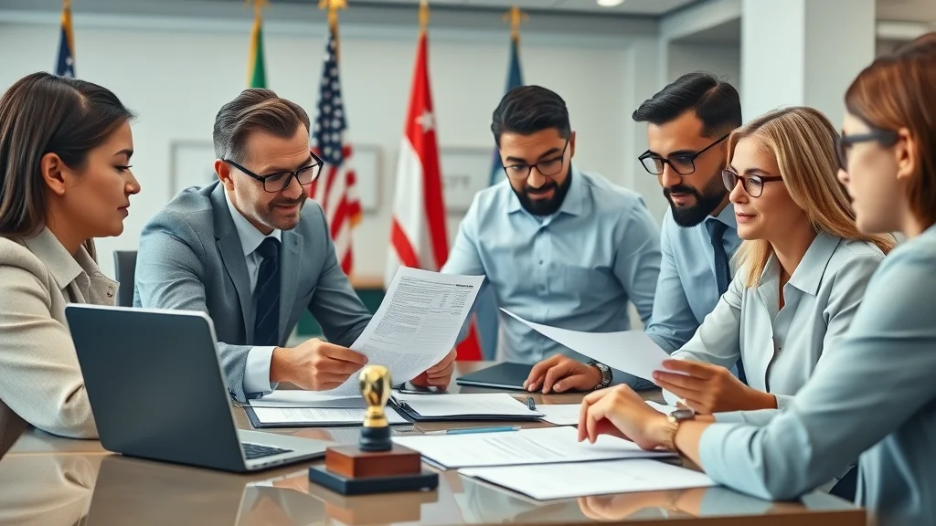 Professional office setting for documents we apostille in the usa, featuring document review and official stamps in a modern U.S. government environment with international flags.