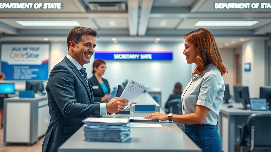 Customer submits documents at a U.S. government authentication office counter for apostille service with staff providing assistance.
