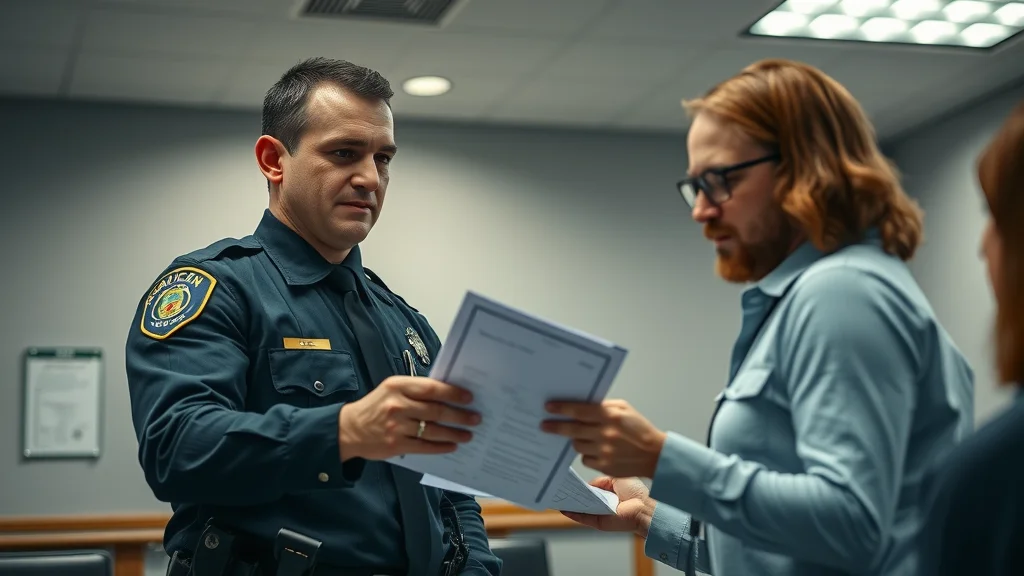 law enforcement officer presenting notarized statement and inmate ID for notary services in institutional setting