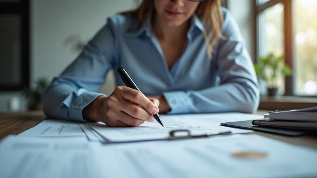 Professional notary public at desk facilitating notaries and apostilles with official seal and paperwork