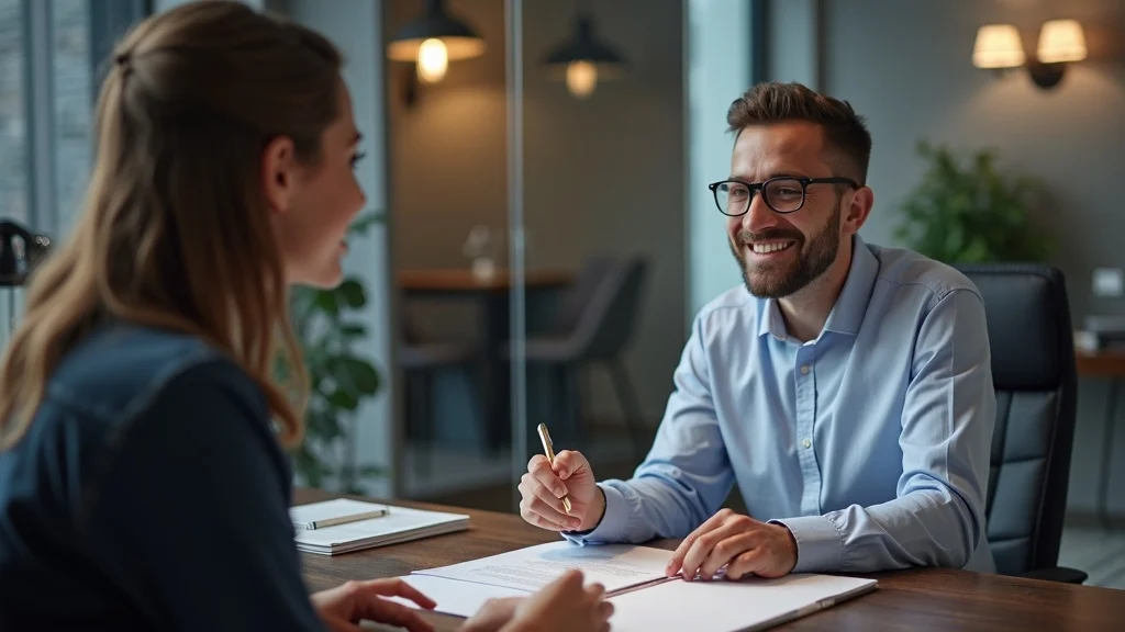 Friendly notary public advising client on apostille document correction in a modern office